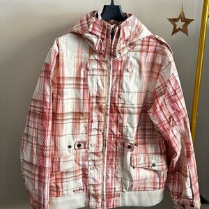 Oakley Plaid Ski Snowboard Jacket Hooded Insulated Red White Size L